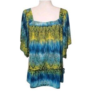 INC International Concepts Blue and Yellow Printed Square Neck Blouse